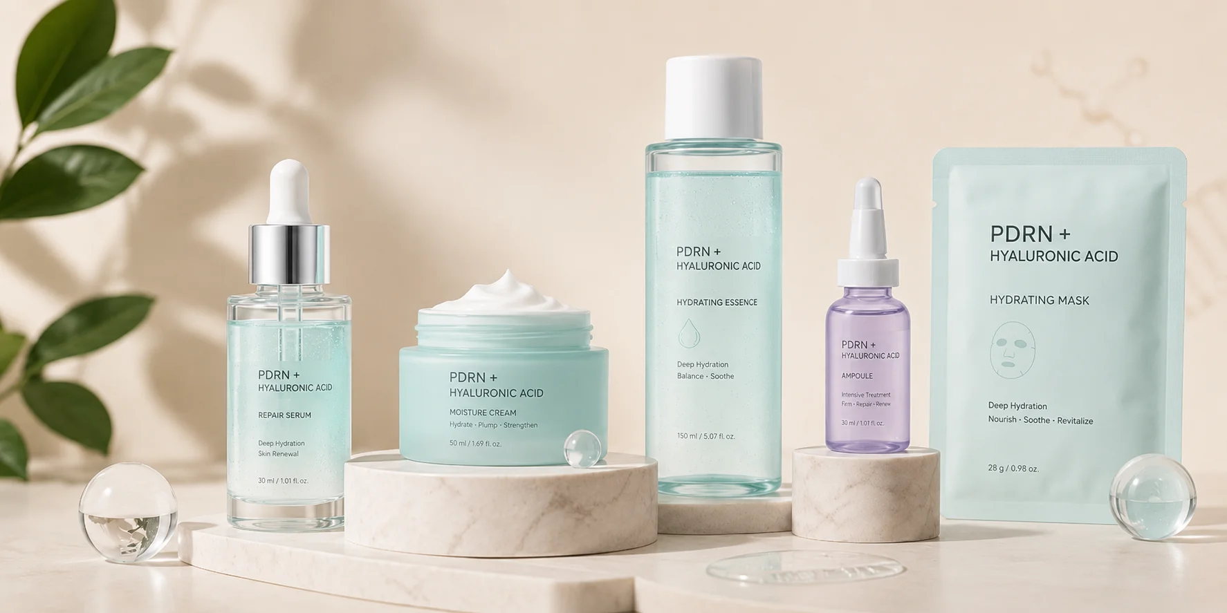 A skincare set featuring PDRN+ hyaluronic acid products, including serum, cream, hydrating essence, ampoule, and a mask, displayed on marble stands with soft lighting and leafy background.